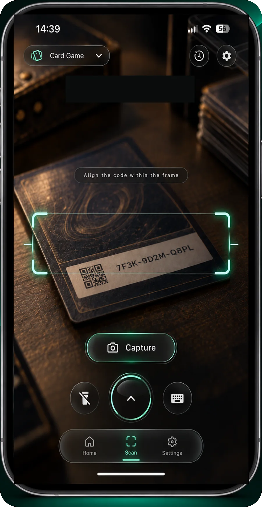 Sleeve on a phone, its scan frame held over the code printed on a trading card.